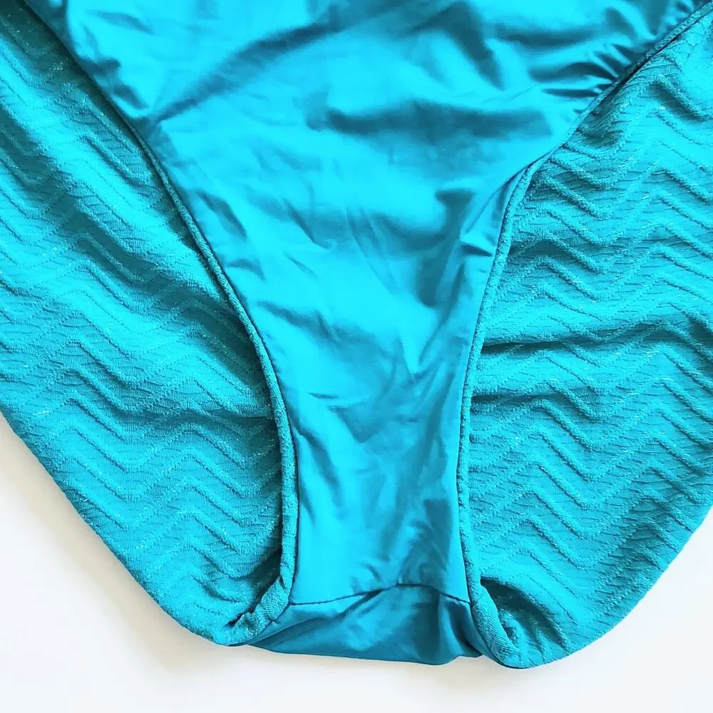 Trina Turk Empire Halter One Piece Swimsuit Marine Teal Chevron Metallic Size 14